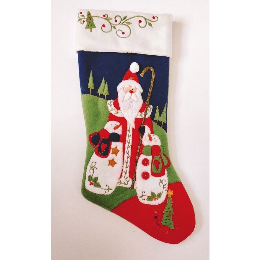Vintage Christmas Stocking Santa Clause Snowmen 17" Red Holiday Stocking